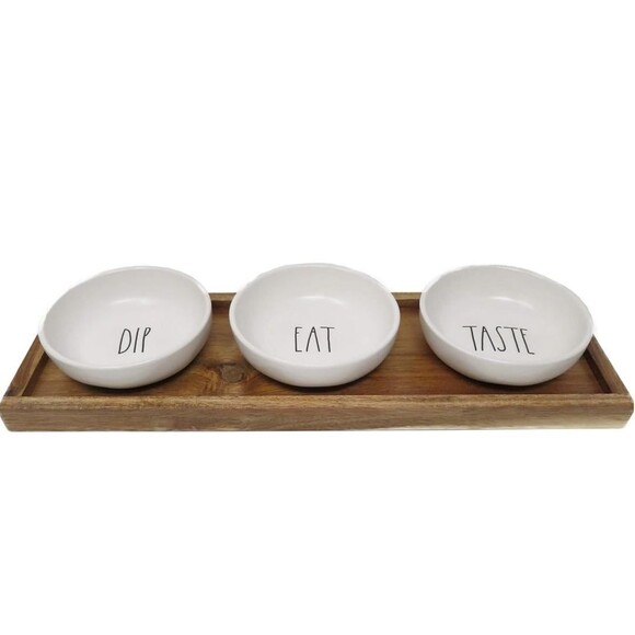 Rae Dunn 4 Piece DIP EAT TASTE Ceramic Dip Bowl Serving Platter Set Wood Tray - Picture 4 of 4